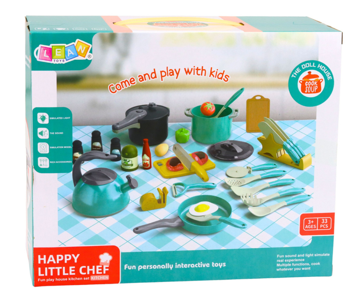 33-osaline laste köögikomplekt sisaldab potte, panni, veekeetjat, köögitarvikuid ja mängutoiduaineid, et laps saaks valmistada oma esimesi kujuteldavaid roogasid 👩‍🍳🍳