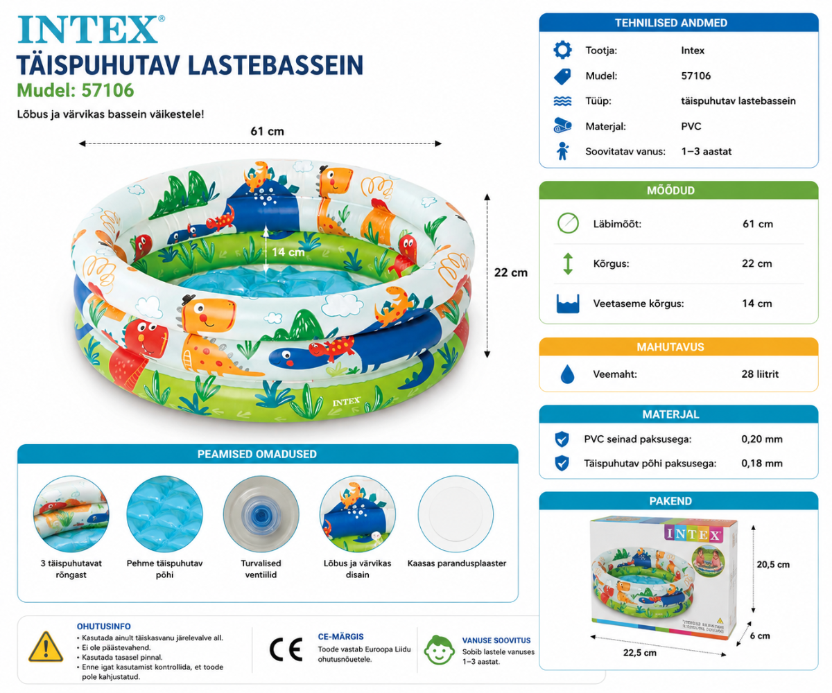 Täispuhutav lastebassein Intex 61 × 22 cm 💦🌈