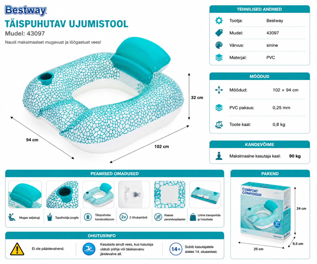 Täispuhutav ujumistool Bestway mugava seljatoega 💦🌞