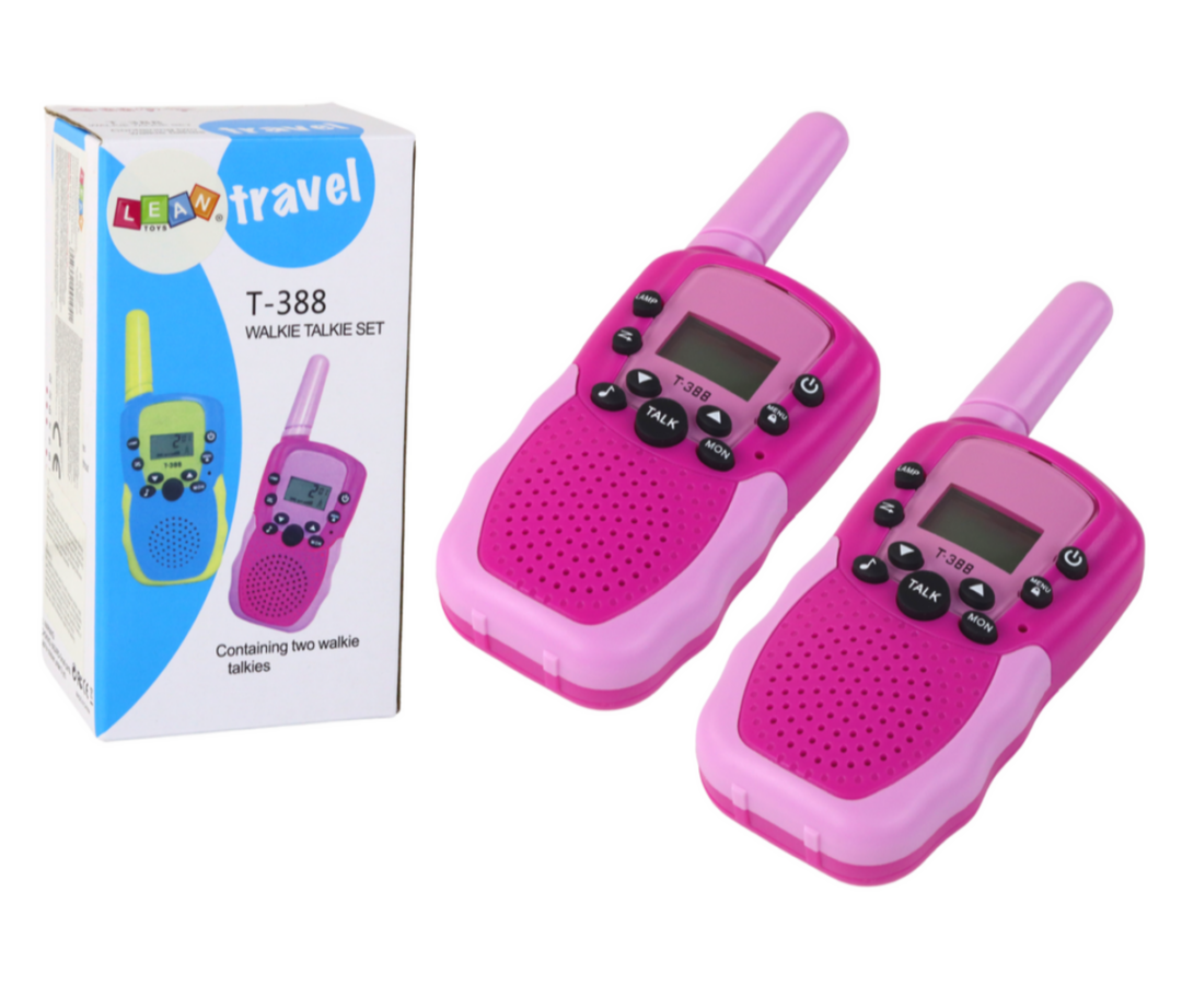 Kaks roosas värvi Walkie Talkie raadiosaatjat laste jaoks, komplektis kaasas.