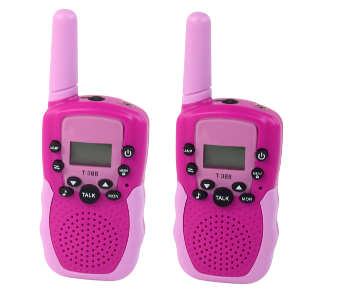 Roosa Walkie Talkie raadiosaatjate komplekt, ideaalne laste mängudeks.