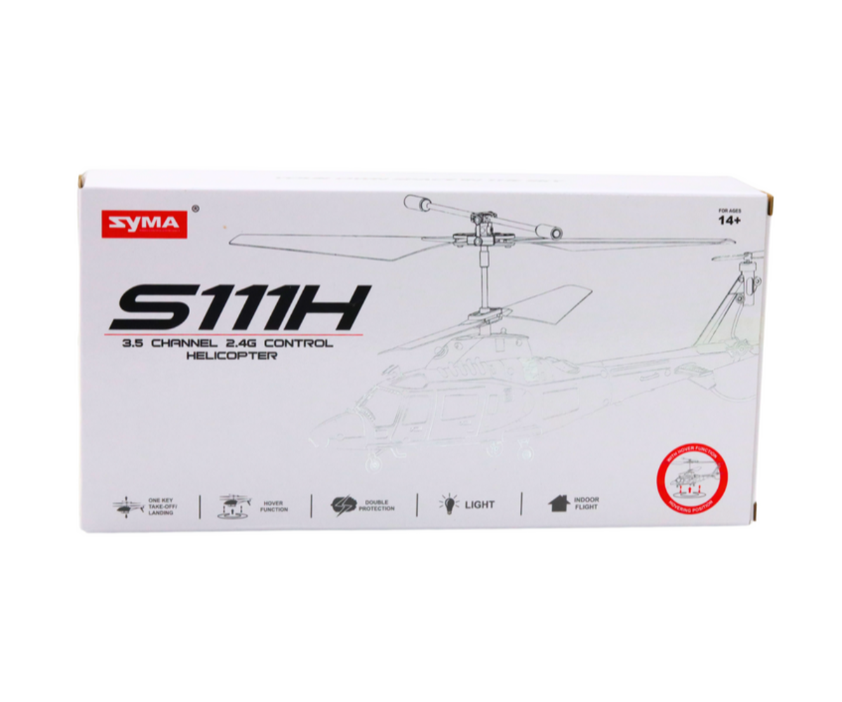 Helikopter Syma S111H puldiga – punane karp, mis sisaldab helikopteri omadusi.