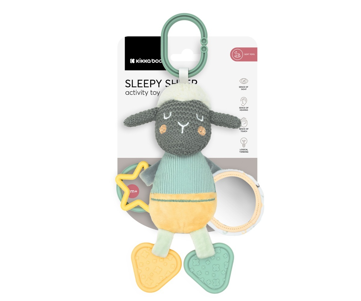 Sensoorne tegelusmänguasi SLEEPY SHEEP - Kikkaboo pakendis, mis sisaldab teavet mänguasja omaduste kohta.