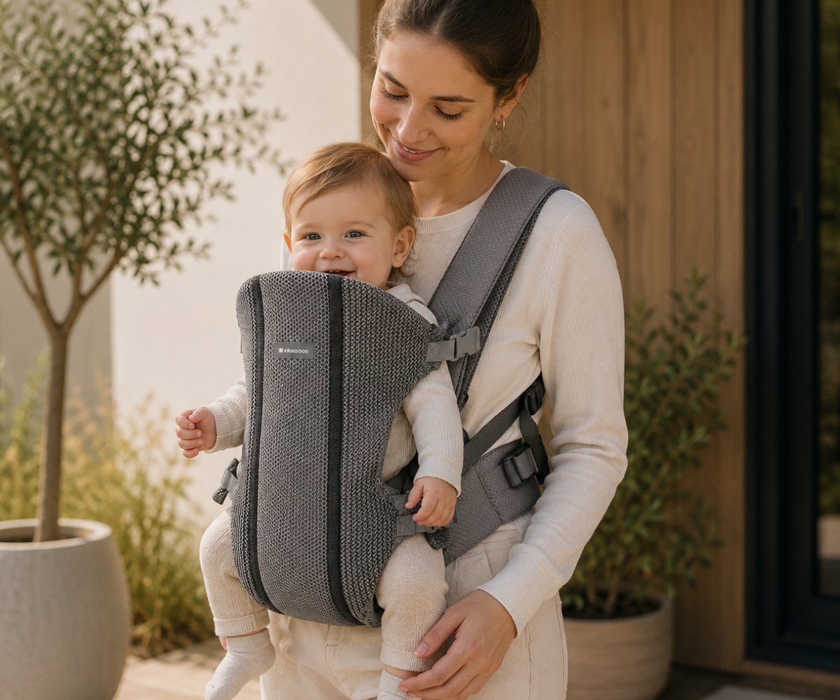 Ergonoomiline beebi kandekott GWEN Fly Knit must turvalise kinnitussüsteemi ja Fly Knit materjaliga