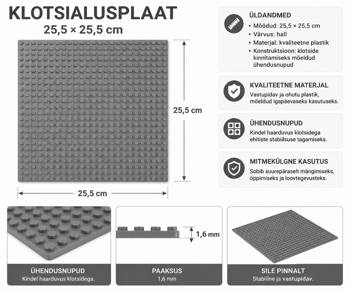 Hall alusplaat ühildub enamiku populaarsete ehitusklotsidega ning tagab klotside stabiilse ja täpse kinnitumise.