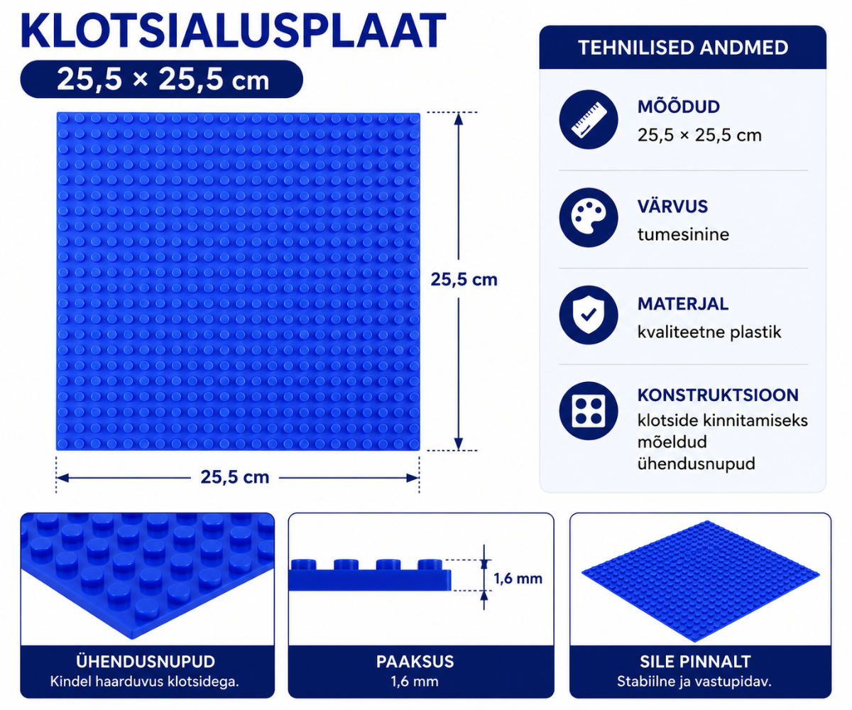 Alusplaat ühildub enamiku populaarsete ehitusklotsidega ning tagab klotside stabiilse ja täpse kinnitumise ka keerukamate ehitiste puhul.