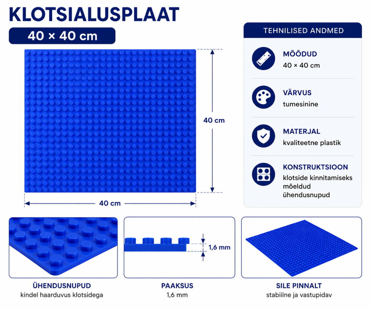Suur 40 × 40 cm ehitusklotside alusplaat pakub rohkelt ruumi linnade, tornide, sõidukite ja teiste loominguliste ehitusprojektide loomiseks.