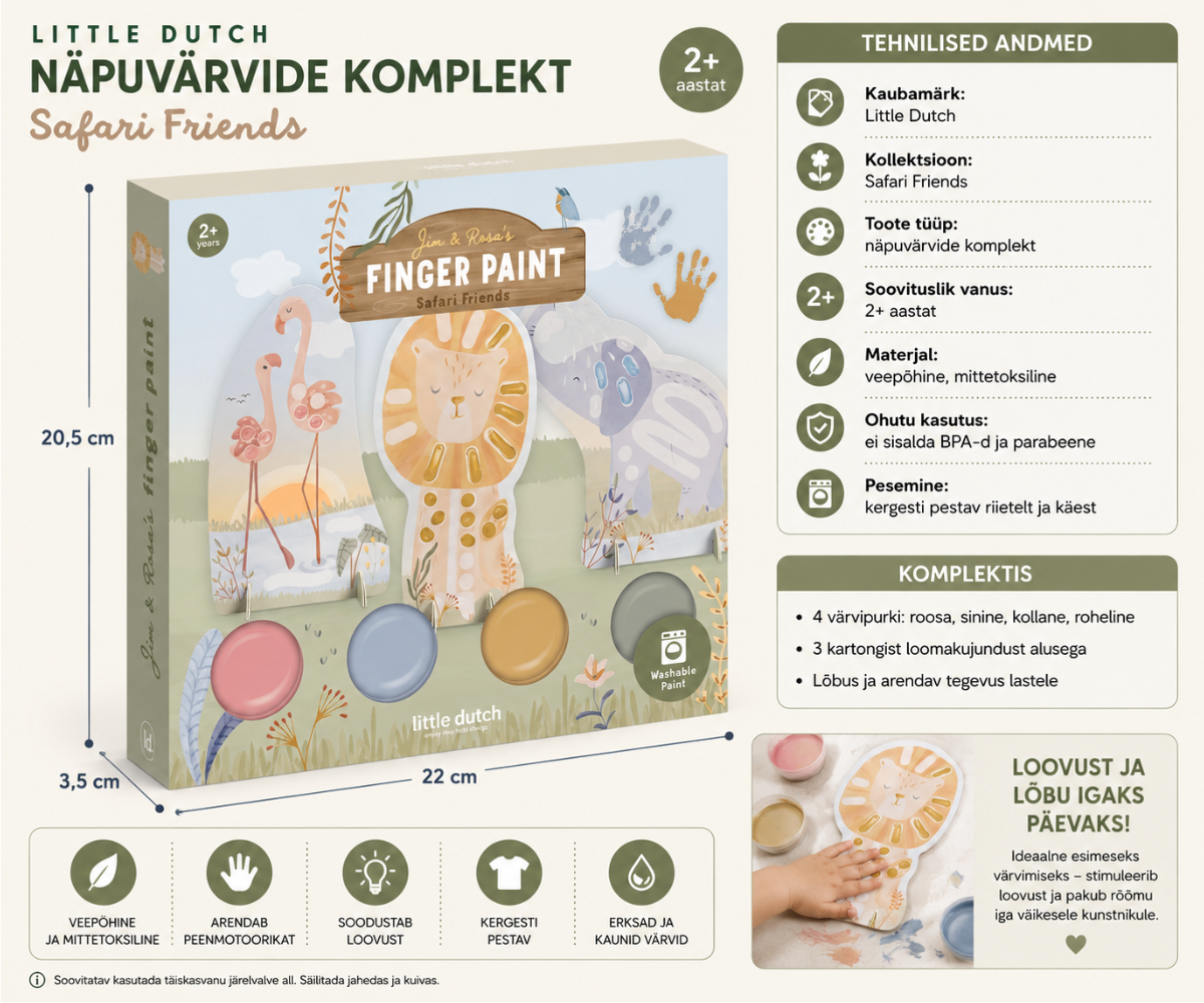 Kümme eeltrükitud Safari Friends teemalist loovtegevuste kaarti innustavad last avastama värvide maailma ning looma oma esimesi kunstiteoseid.