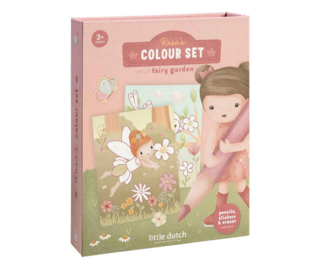 Little Dutch Rosa & Fairy Garden värvimisraamatu komplekt pakub väikesele kunstnikule tundideks arendavat, loomingulist ja rõõmsat mängurõõmu.