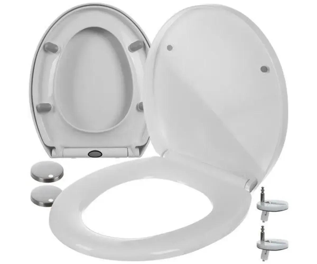 Aeglaselt sulguv WC-iste kiirkinnitusega Ruhhy – valge, näidates tähistatud osi ja kinnitust.