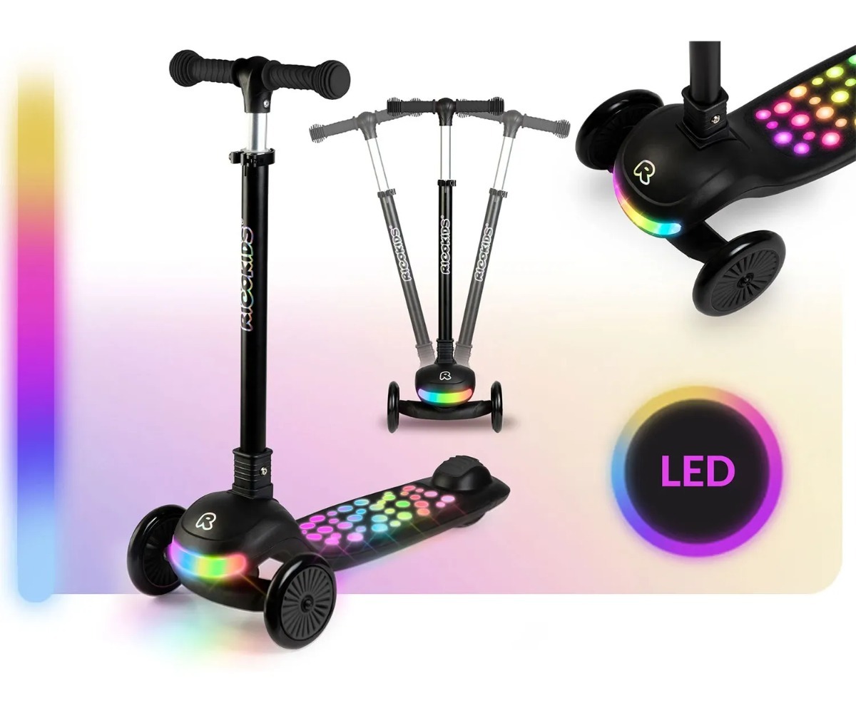 Kolmerattaline LED-tõukeratas lastele Ricokids Glowi – must, paigutatud erinevatel nurkadel.