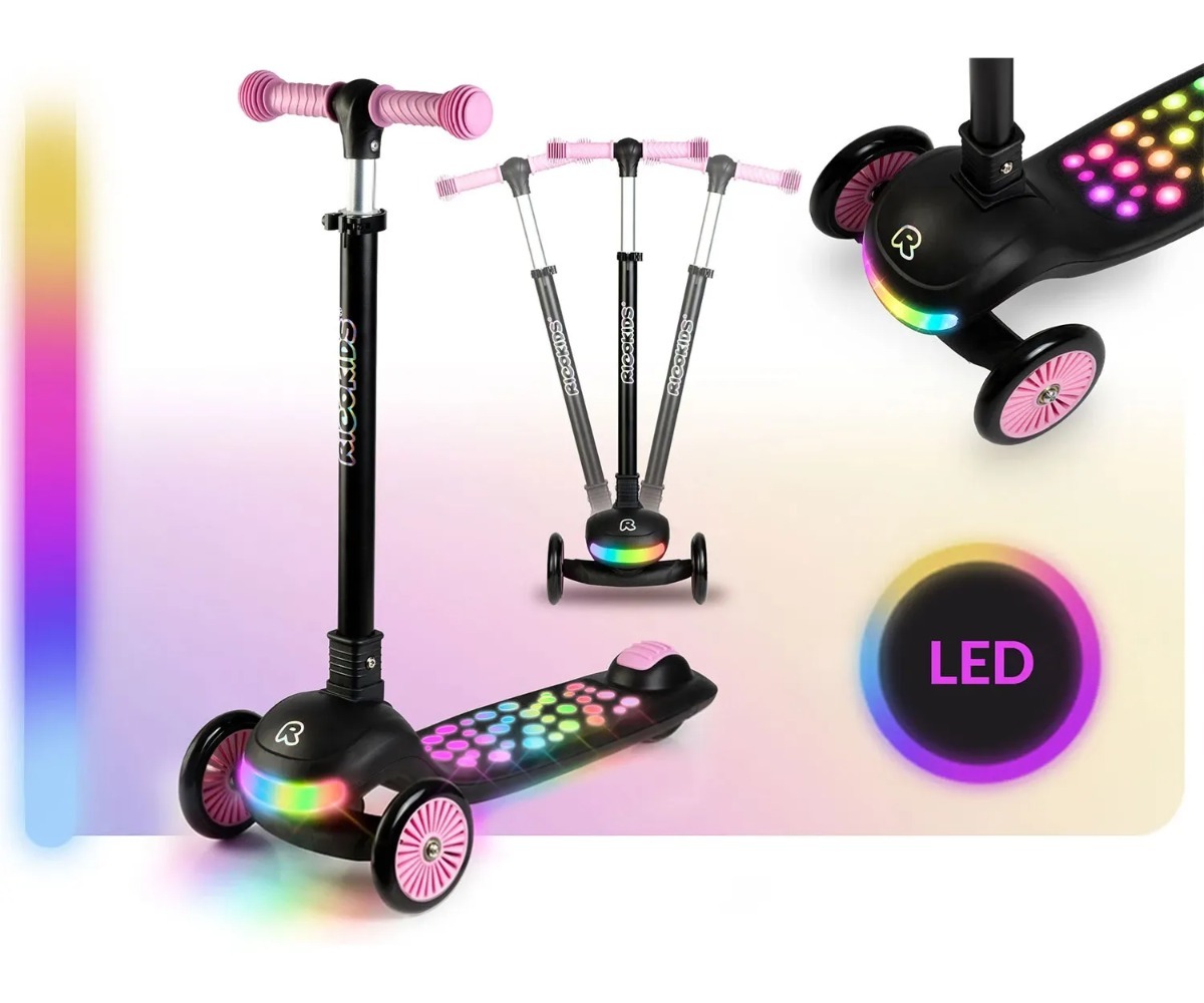 Riistvaraga varustatud Ricokids Glowi kolmerattaline LED-tõukeratas musta / roosa põhjaga, millel on värvilised LED-valgustid.