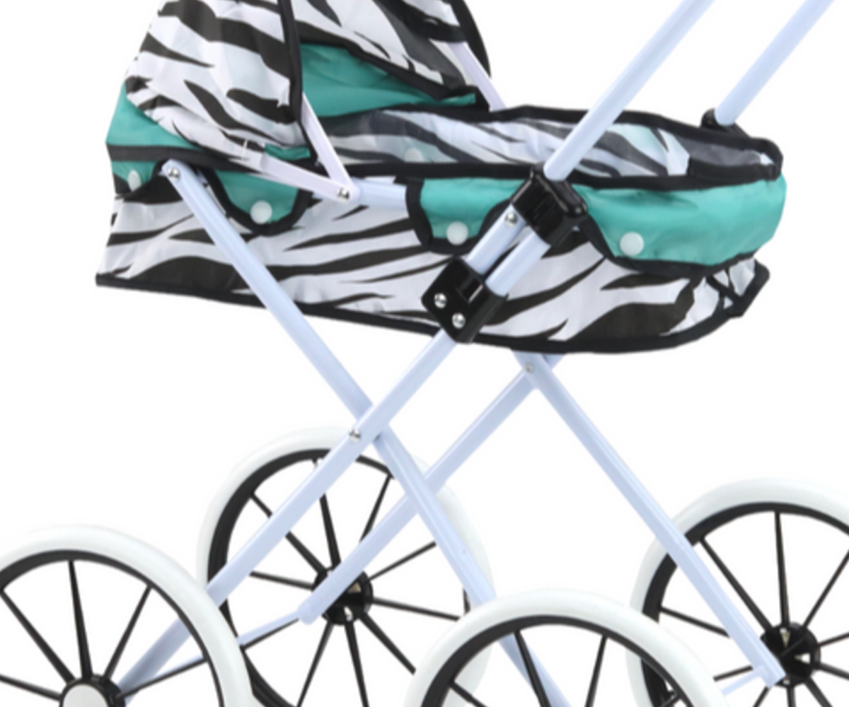 Kokkupandav nukuvanker suurte ratastega Zebra detailne lähedusvaade, kvaliteetne disain.