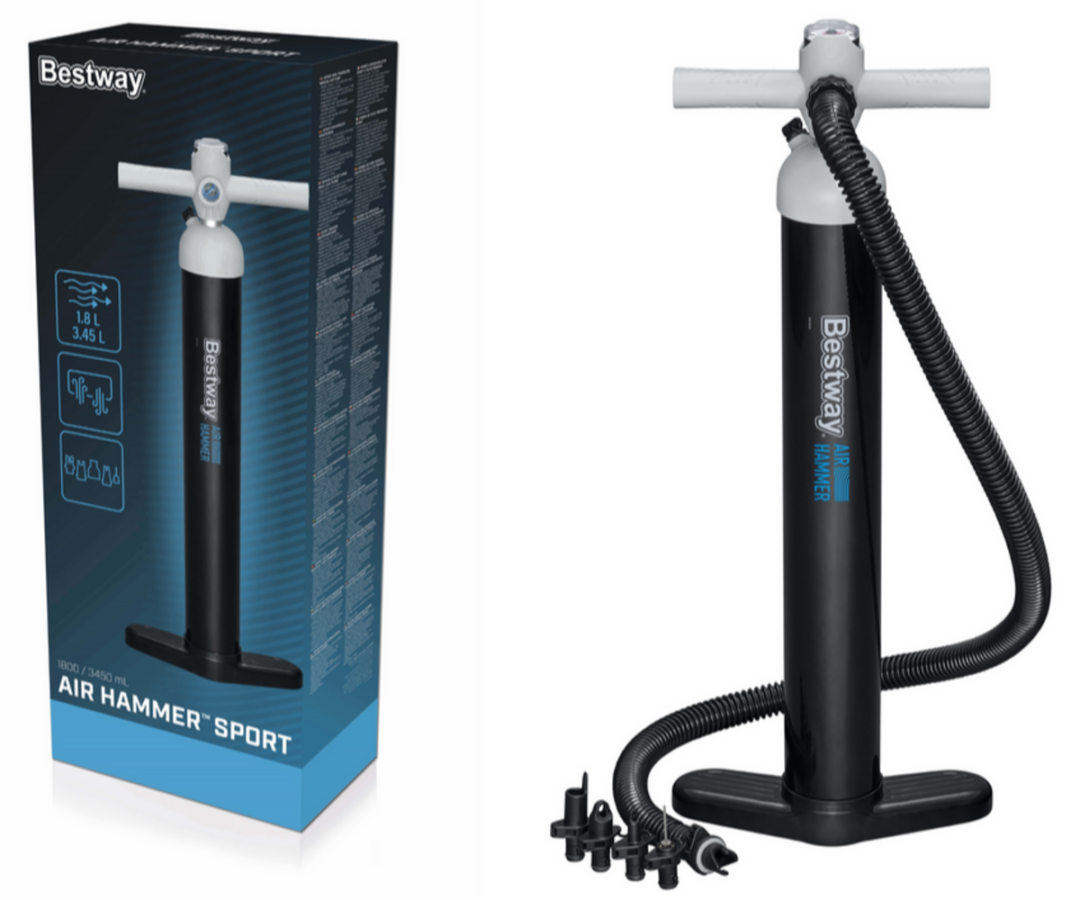 Kõrgsurve käsipump manomeetriga Bestway 62227 pakend, mis sisaldab pumpa ja lisatarvikuid.