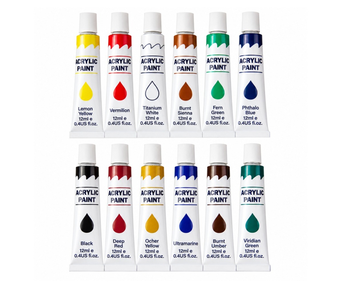 Akrüülvärvide komplekt – 24 värvi × 12ml, värvitormid ritta paigutatuna
