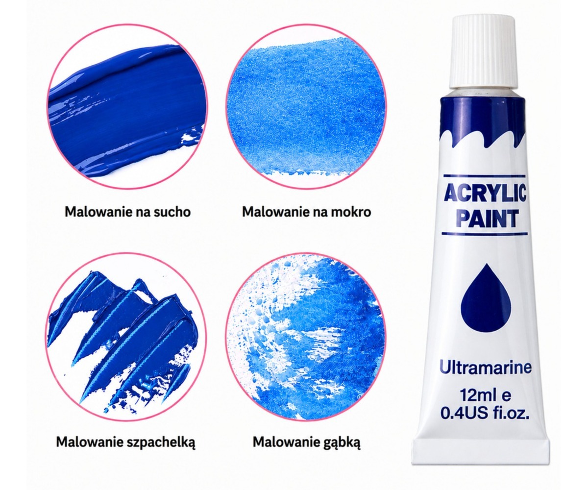 Akrüülvärvide komplekt – 24 värvi × 12ml, toru Ultramarine ja värvikatsed