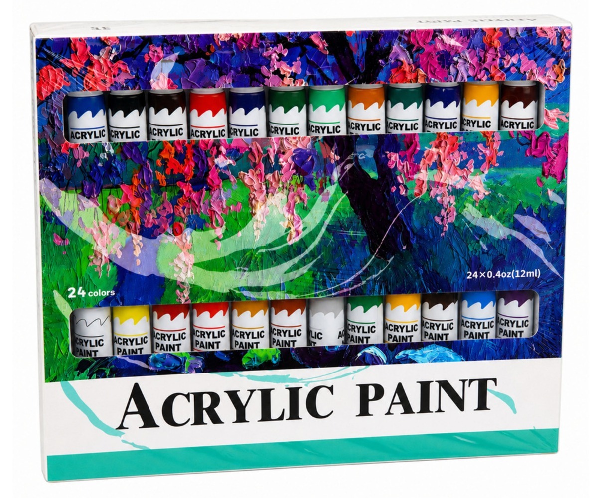 Akrüülvärvide komplekt – 24 värvi × 12ml, kaunis pakend ja värvid