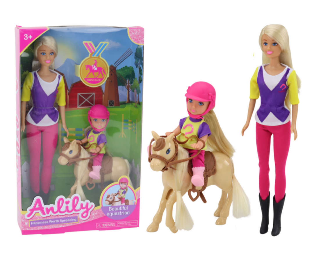 Anlily nukkude komplekt lapse ja poniga – hobusefarm (3+) pakend, näidates kahte nukku ja poni.