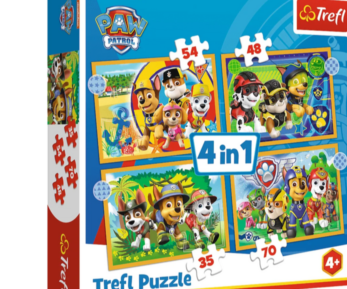 Väga värviline pusle 4in1 Paw Patrol puhkus – Trefl (4+) koos nelja erineva pildi ja pusletükiga.