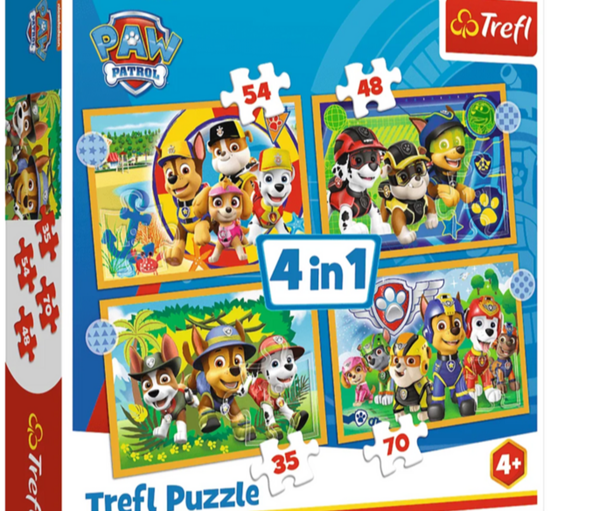 Komplekt Pusle 4in1 Paw Patrol puhkus – Trefl (4+) koos multikangelaste ja erinevate pusletükkidega.
