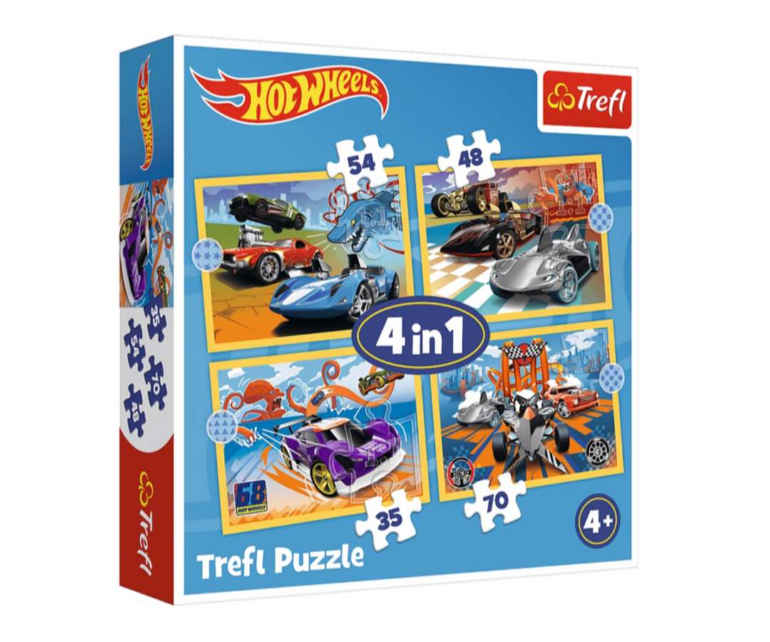 Pusle 4in1 Hot Wheels sõidukid – Trefl (4+) koos nelja erineva pusleni, sealhulgas autotega ja värviliste elementidega.