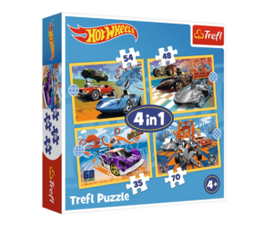 Pusle 4in1 Hot Wheels sõidukid – Trefl (4+) koos nelja erineva pusleni, sealhulgas autotega ja värviliste elementidega.