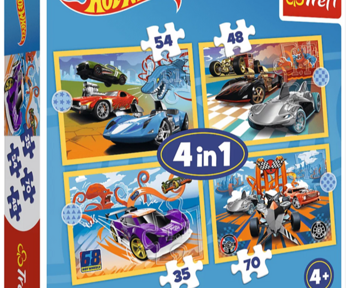 Pusle 4in1 Hot Wheels sõidukid – Trefl (4+) pakend, sisaldades mitmeid pusle tükkide näite ja erksaid värve.