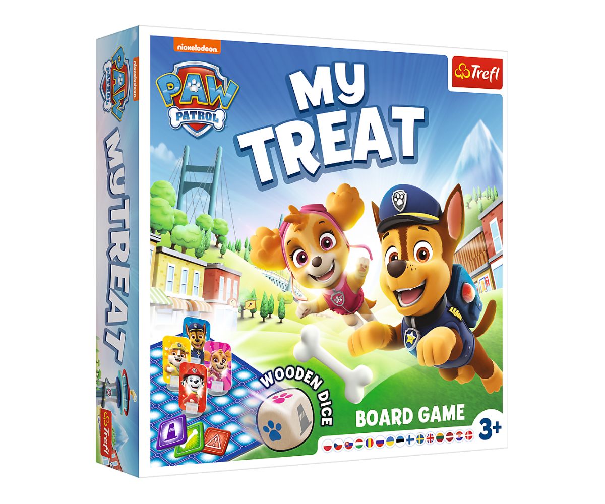 Lauamäng My Treat Paw Patrol – Trefl, karbipakend, mis sisaldab puidust kuubikuid ja mängutükke.