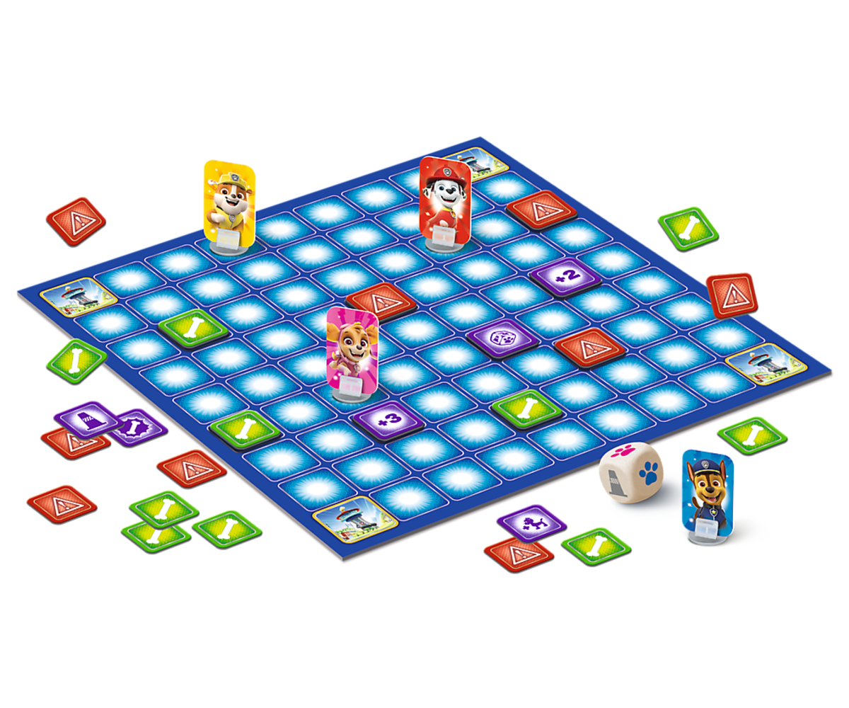Mängulaua ülevaade lauamängule My Treat Paw Patrol – Trefl, koos mängutükkide ja kaardiga.