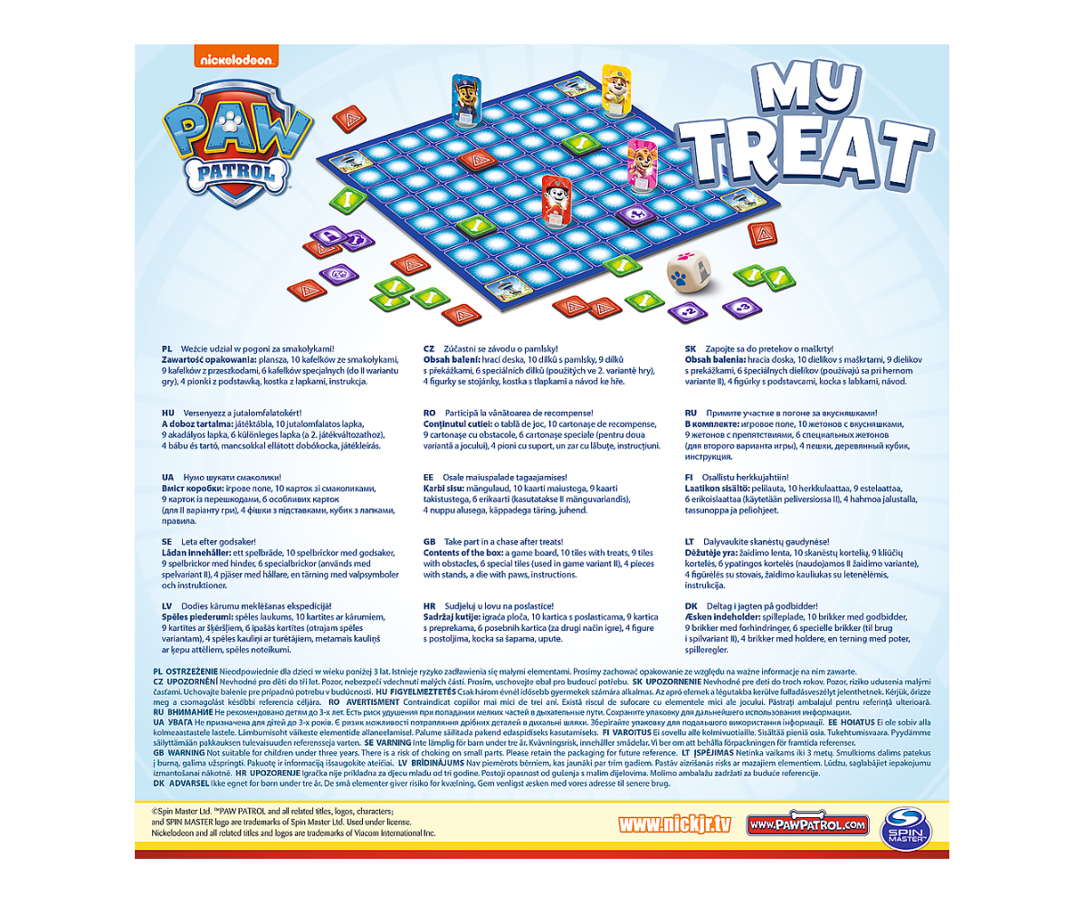 Reeglite leht lauamängule My Treat Paw Patrol – Trefl, mis kirjeldab mängu käiku ja komponente.