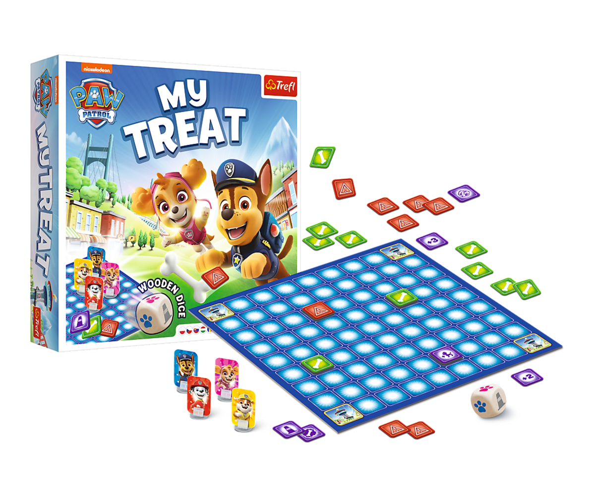 Mängukomplekti ülevaade lauamängule My Treat Paw Patrol – Trefl, mis sisaldab karbi, mängulauda ja kaarte.