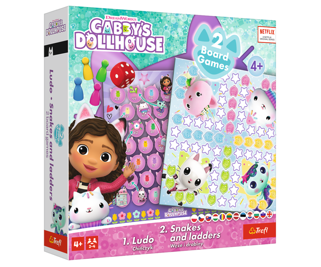 Lauamäng 2in1 Ludo ja Maod & Redelid Gabby nukumaja – Trefl pakend koos mängude elementidega.
