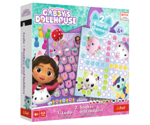 Lauamäng 2in1 Ludo ja Maod & Redelid Gabby nukumaja – Trefl pakend koos mängude elementidega.