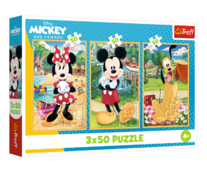 Pusle 3×50 Disney Mickey, Minnie ja Pluto puhkusel – Trefl pildiga, mis kujutab Miki, Minni ja Plutot suvekohas.