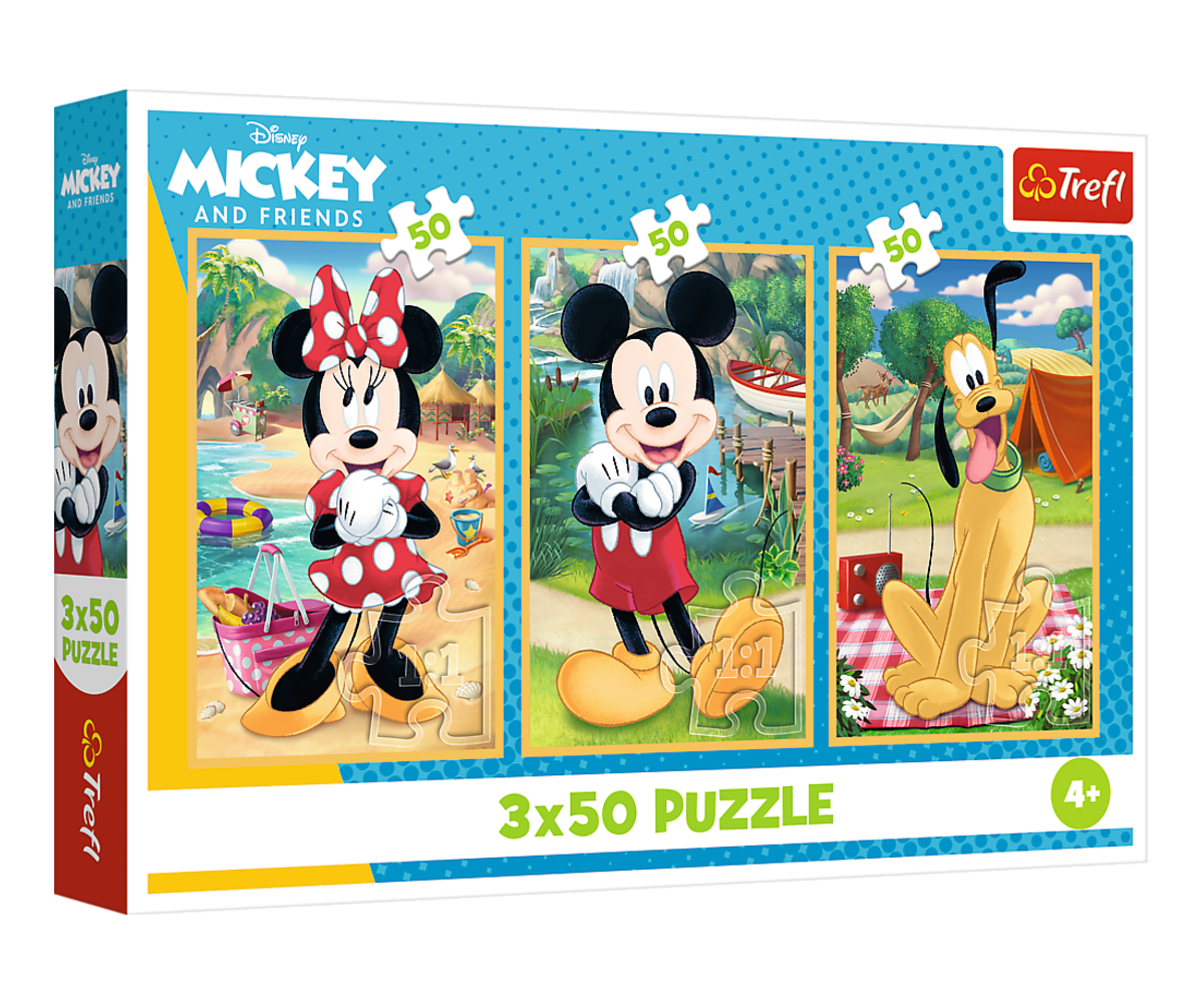 Pusle 3×50 Disney Mickey, Minnie ja Pluto puhkusel – Trefl pildiga, mis kujutab Miki, Minni ja Plutot suvekohas.