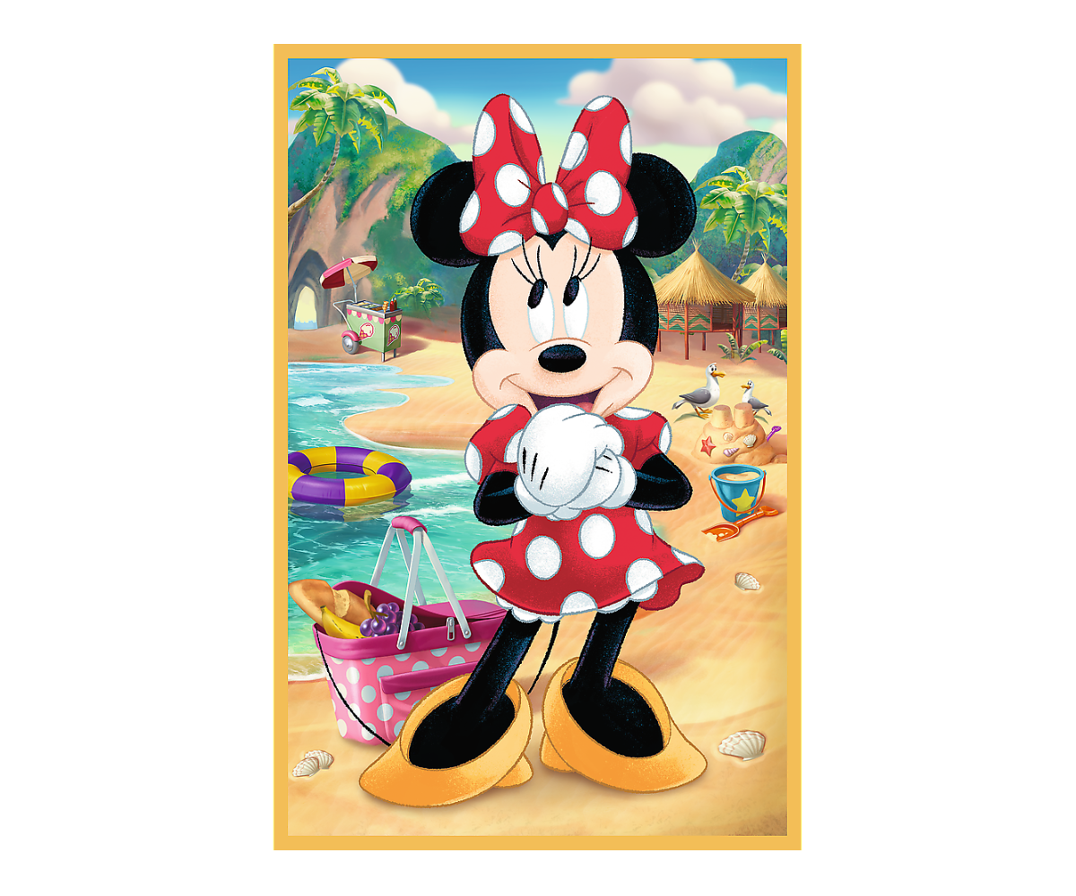 Minni Mouse suvekohas, hoides oma käes valge palli. Pusle 3×50 Disney Mickey, Minnie ja Pluto puhkusel – Trefl.