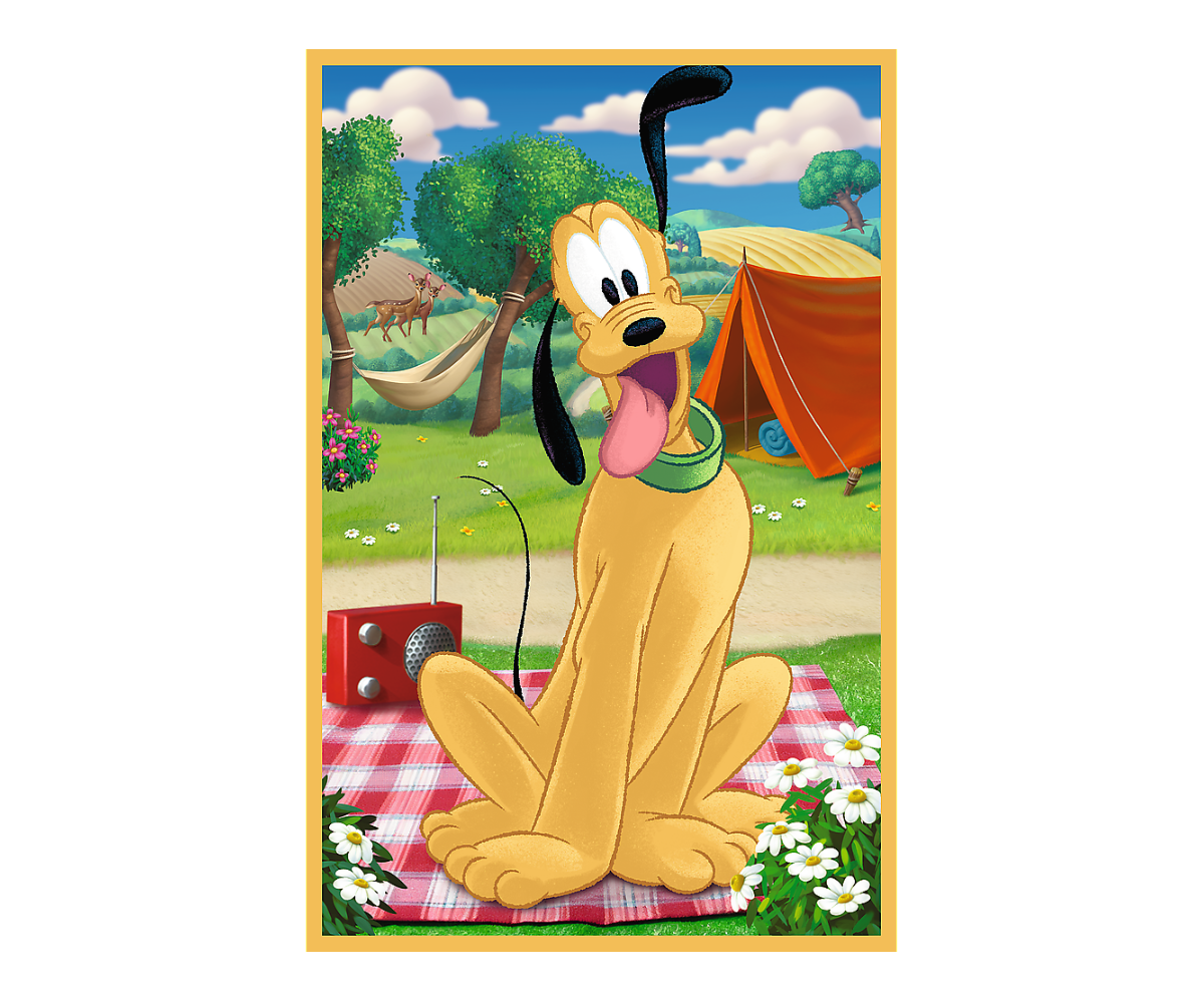 Pluto istub õnnelikult suvekohas, tehes nalja. Pusle 3×50 Disney Mickey, Minnie ja Pluto puhkusel – Trefl.
