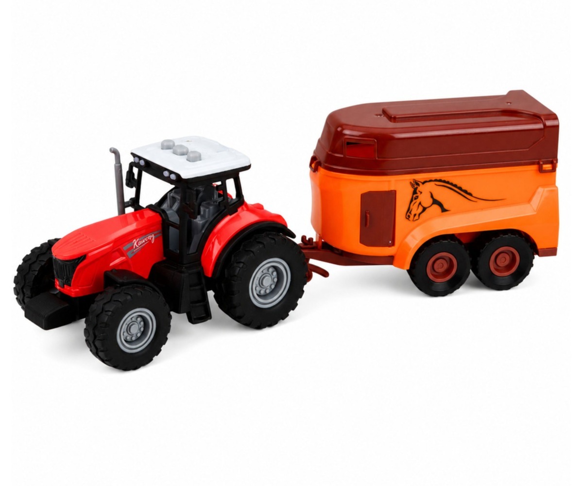 Punane traktor koos hobuseveotreileriga, valmistatud mänguasjana.