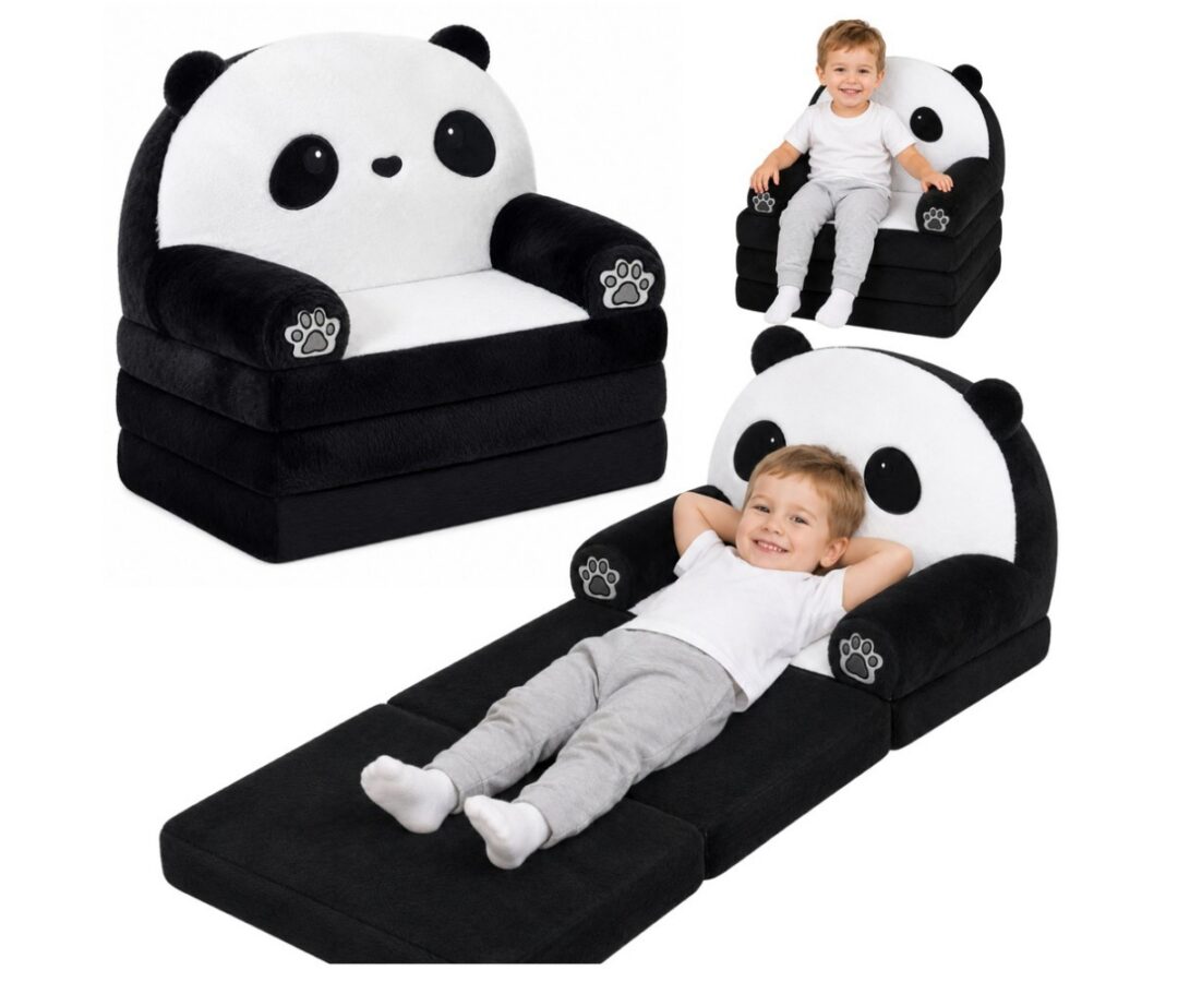 Laste tugitool 2in1 Panda - must-valge diivanvoodi, laps istub ees