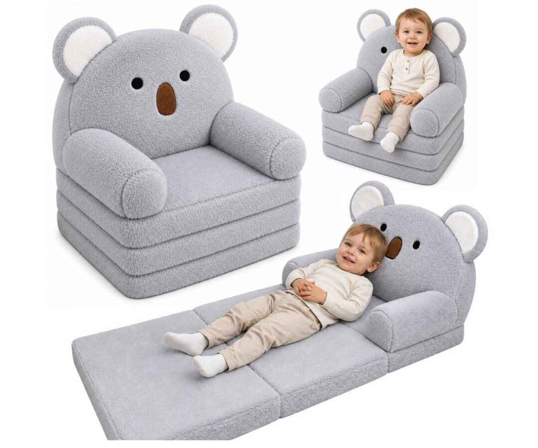 Laste tugitool 2in1 Koala – lahtikäiv hall diivanvoodi, laps istumas mugaval toolil
