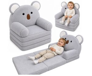 Laste tugitool 2in1 Koala – lahtikäiv hall diivanvoodi, laps istumas mugaval toolil