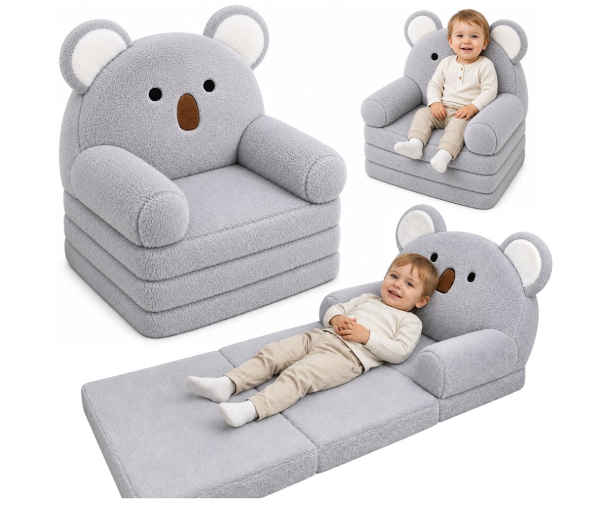 Laste tugitool 2in1 Koala – lahtikäiv hall diivanvoodi, laps istumas mugaval toolil