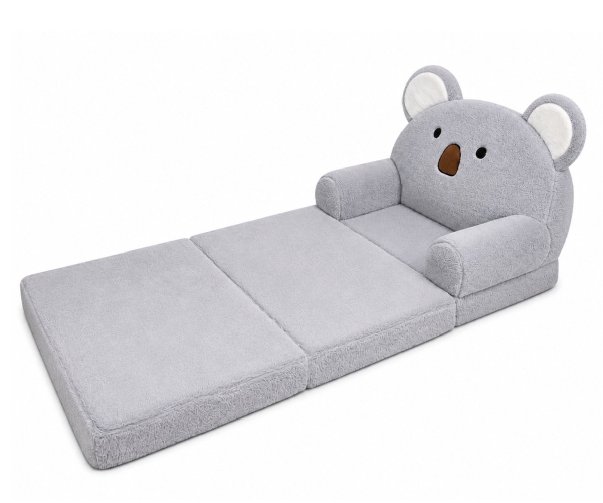 Laste tugitool 2in1 Koala – lahtikäiv hall diivanvoodi, avatud positsioon