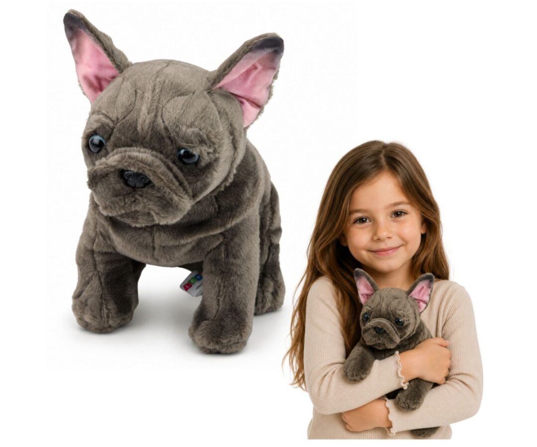 Pehme Prantsuse buldog 22cm – pruun kaisukoer, kaisukaru kätel.