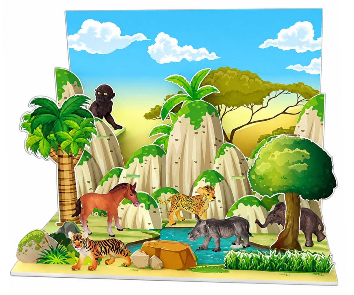 Metsloomade figuuride komplekt 3D looduspargiga – 6 looma, mängumaastik elava loodusega