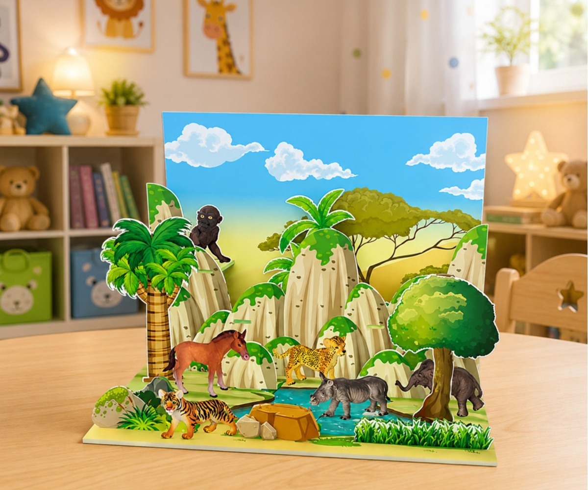Metsloomade figuuride komplekt 3D looduspargiga – 6 looma, lastele mõeldud mänguruumiga