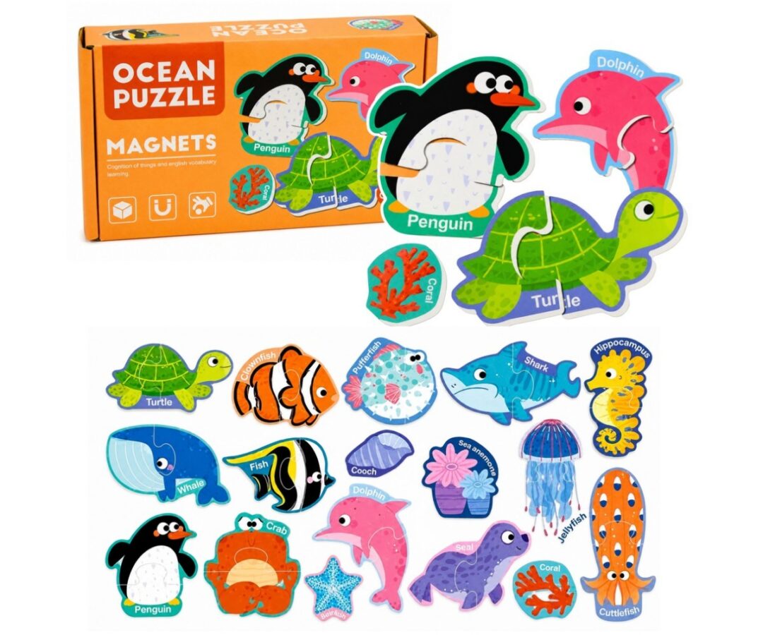 Komplekt magnetilisi mereloomi, sealhulgas pingviin ja delfiin, pakendis 'Magnetilised mereloomad lastele – 30-osaline õppemäng'.
