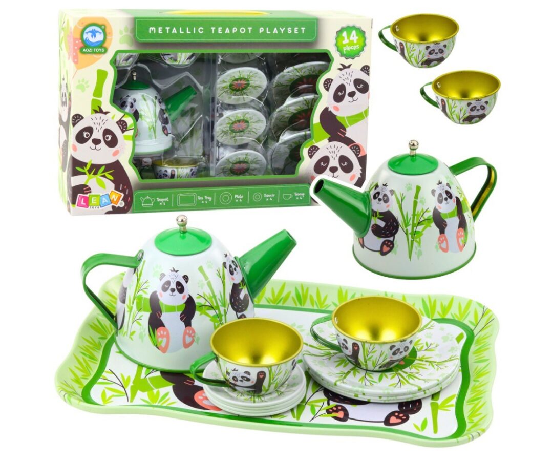 Metallist teeserviis lastele Panda - 14-osaline, sisaldab teekannu, tasside ja kandiku komplekti