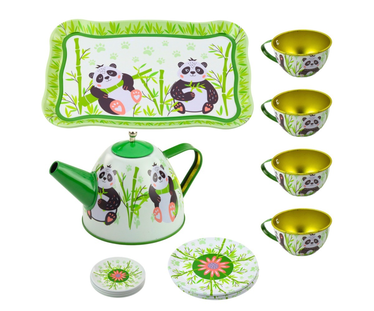 Metallist teeserviis lastele Panda - 14-osaline, elavade panda kujutistega ja rohelise täidisega