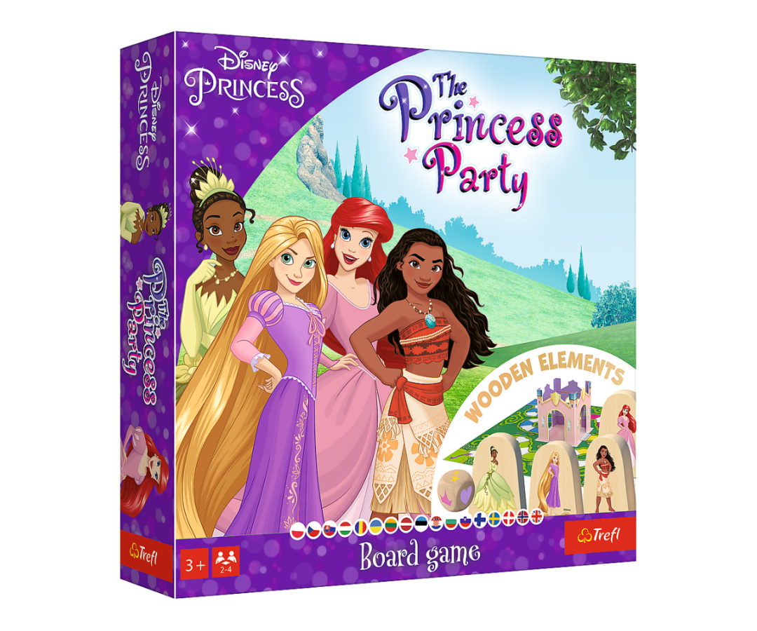 Lauamäng Disney Princess Party – Trefl (3+) karbi kujundus, kus on näha Disney printsessid